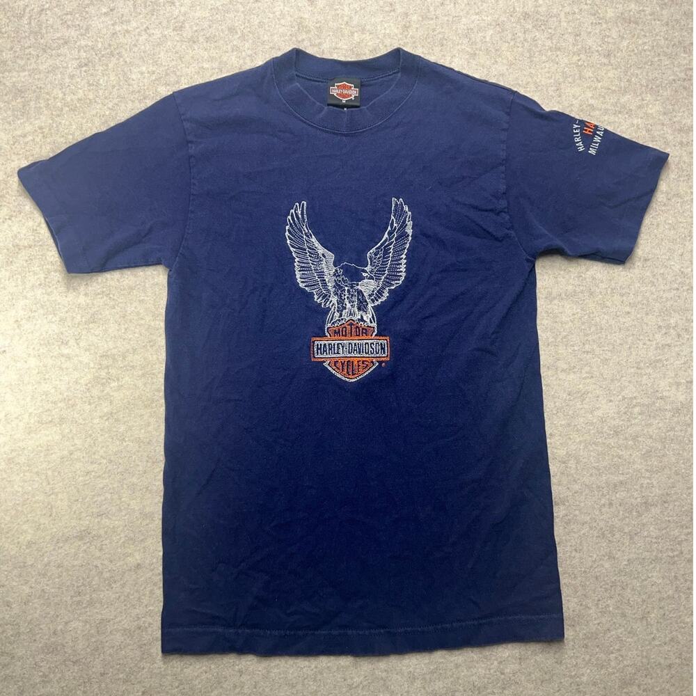 Harley Davidson Mens T Shirt‎ Medium Navy Blue Eagle Logo Hal's Milwaukee WI